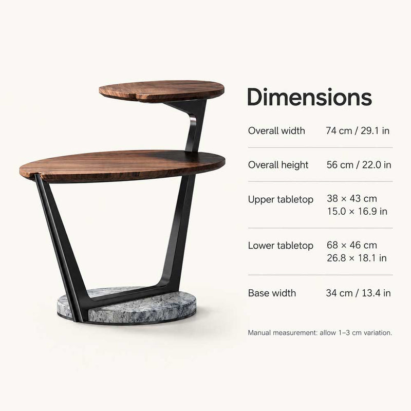 Modern Solid Walnut Leaf Tiered End Table with Marble Base