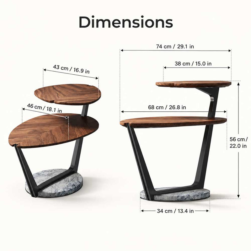 Modern Solid Walnut Leaf Tiered End Table with Marble Base