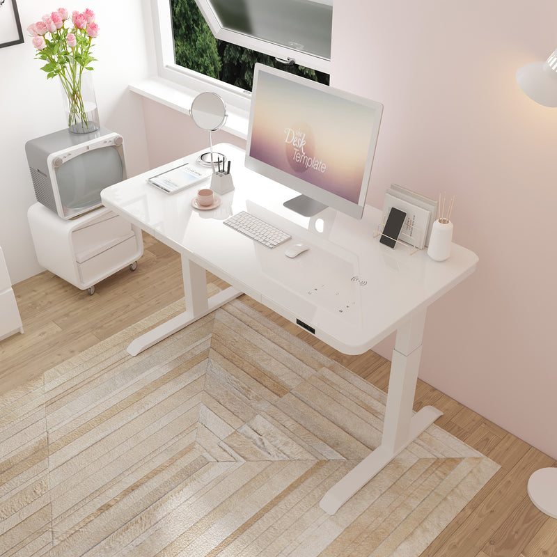 Standing Desk Ergonomic Height Adjustable Sit Home Office (White, Glass)