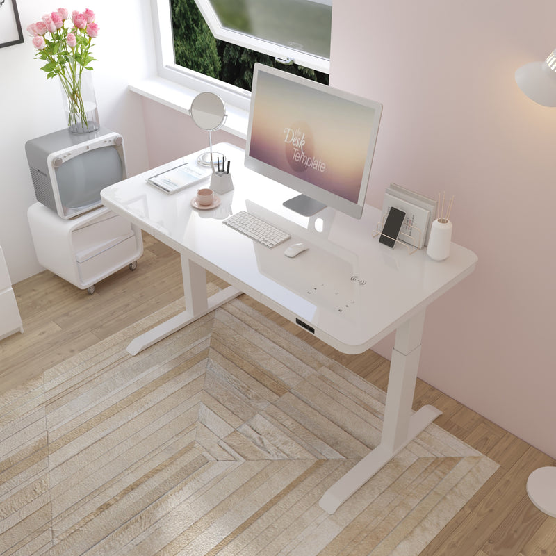 Standing Desk Ergonomic Height Adjustable Sit Home Office (White, Glass)