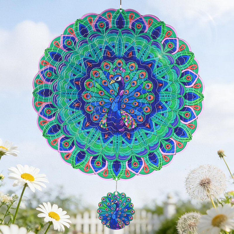 Wind Spinners Outdoor, IDEA SHOW 12In Stainless Steel Wind Spinners Outside, 3D Kinetic Hanging Sculpture, Rustproof Metal Garden Decor Ornaments for Yard Art, Women, Men, Holidays (Blue Peacock)