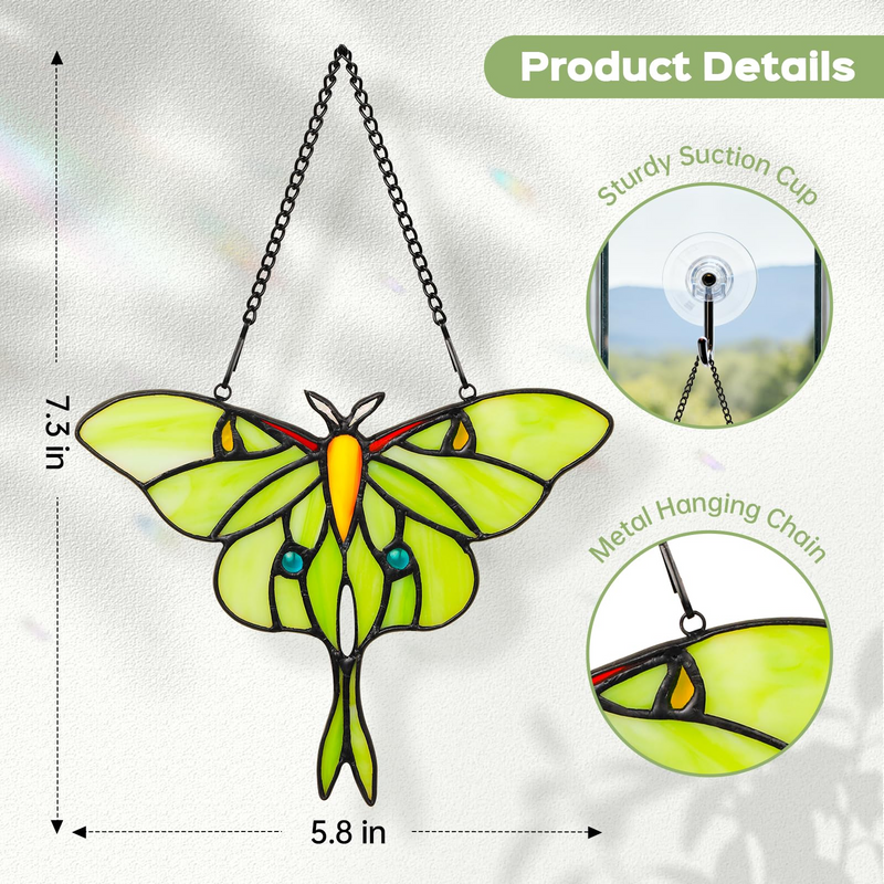 Luna Moth Sun Catcher Stained Glass Window Hanging - IDEA SHOW 7.3 Inch Handmade Real Glass Suncatcher Ornaments, Elegant Green Butterfly Memorial Gifts for Women, Mom, Grandma, Indoor Home Decor