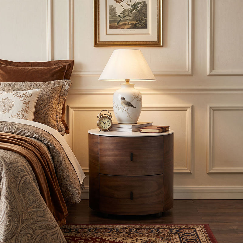 Walnut Nightstand with Round Rock Slab Top