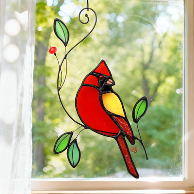 Cardinal Stained Glass Window Hanging, IDEA SHOW Red Cardinal on Branch Ornament Suncatcher, Real Glass Window Hanging Ornament, Handmade Bird Home Decor Memorial Gift for Women, Mom, Bird Lover