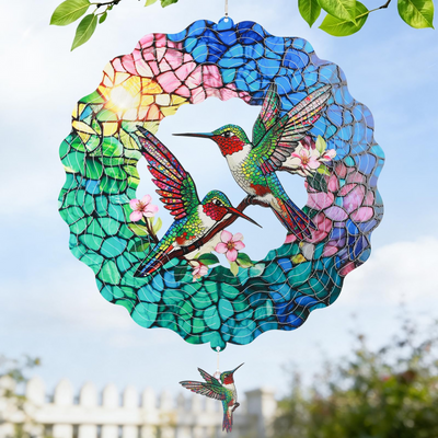 Wind Spinners Outdoor, IDEA SHOW 12In Stainless Steel Wind Spinners Outside, 3D Kinetic Hanging Sculpture, Rustproof Metal Garden Decor Ornaments for Yard Art, Women, Men, Holidays (Green Hummingbird)