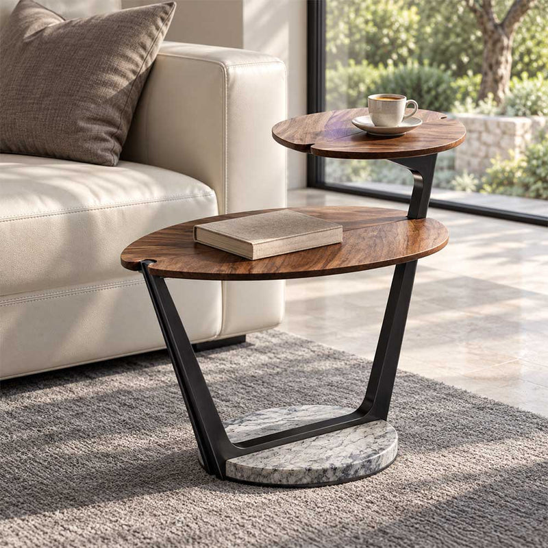 Modern Solid Walnut Leaf Tiered End Table with Marble Base