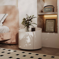 Cream White Curved Single Door Nightstand with Drawer