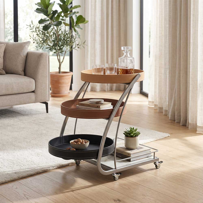 Modern 4-Tier Rolling Bar Cart with Saddle Leather Trays