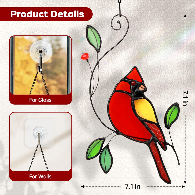 Cardinal Stained Glass Window Hanging, IDEA SHOW Red Cardinal on Branch Ornament Suncatcher, Real Glass Window Hanging Ornament, Handmade Bird Home Decor Memorial Gift for Women, Mom, Bird Lover