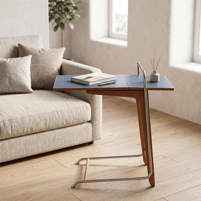 Modern Folding C-Shaped Side Table with Fenix Top & Solid Beech Wood