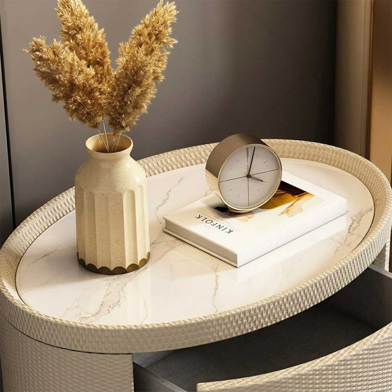 Solid Wood Oval Nightstand with Stone Top