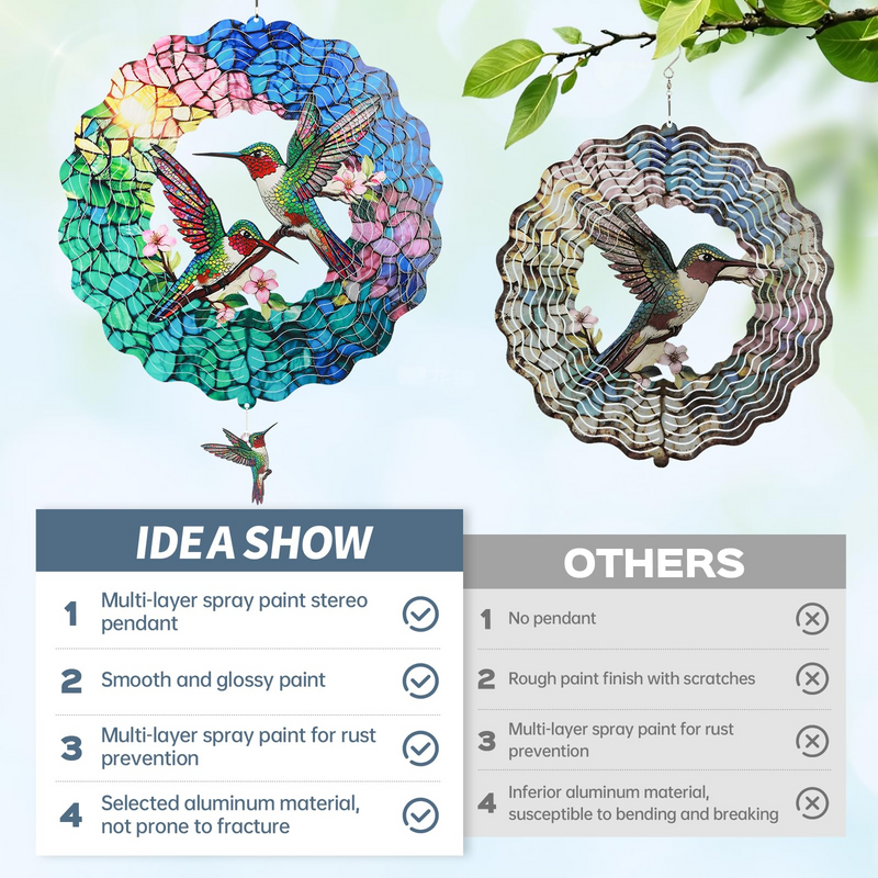 Wind Spinners Outdoor, IDEA SHOW 12In Stainless Steel Wind Spinners Outside, 3D Kinetic Hanging Sculpture, Rustproof Metal Garden Decor Ornaments for Yard Art, Women, Men, Holidays (Green Hummingbird)