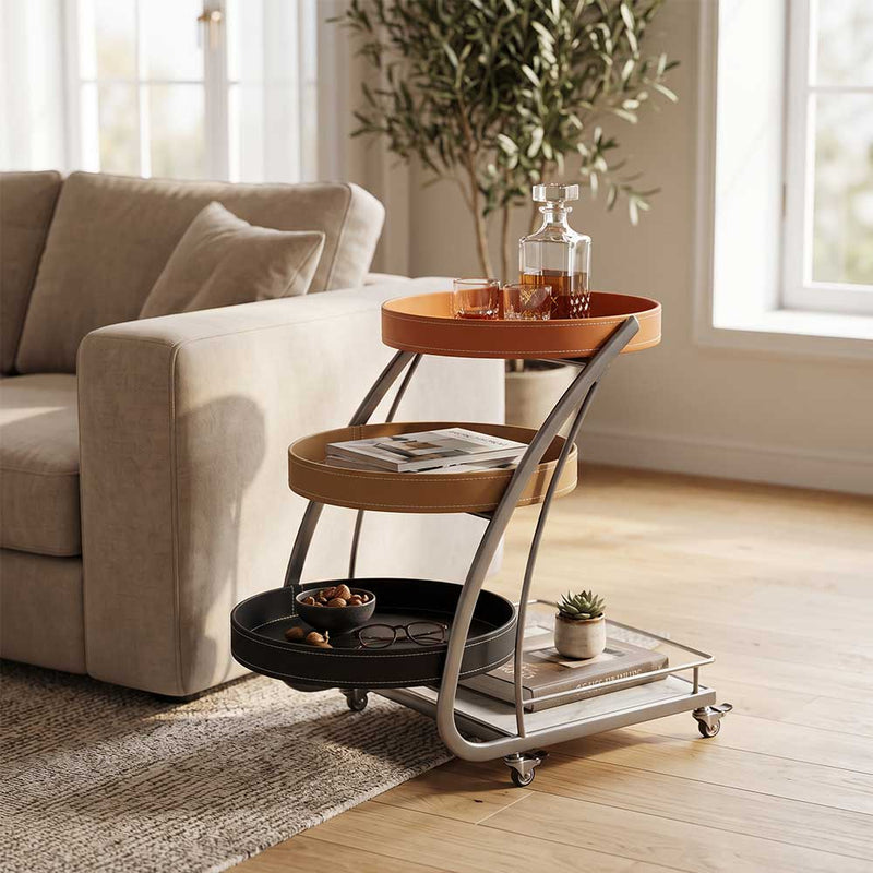 Modern 4-Tier Rolling Bar Cart with Saddle Leather Trays