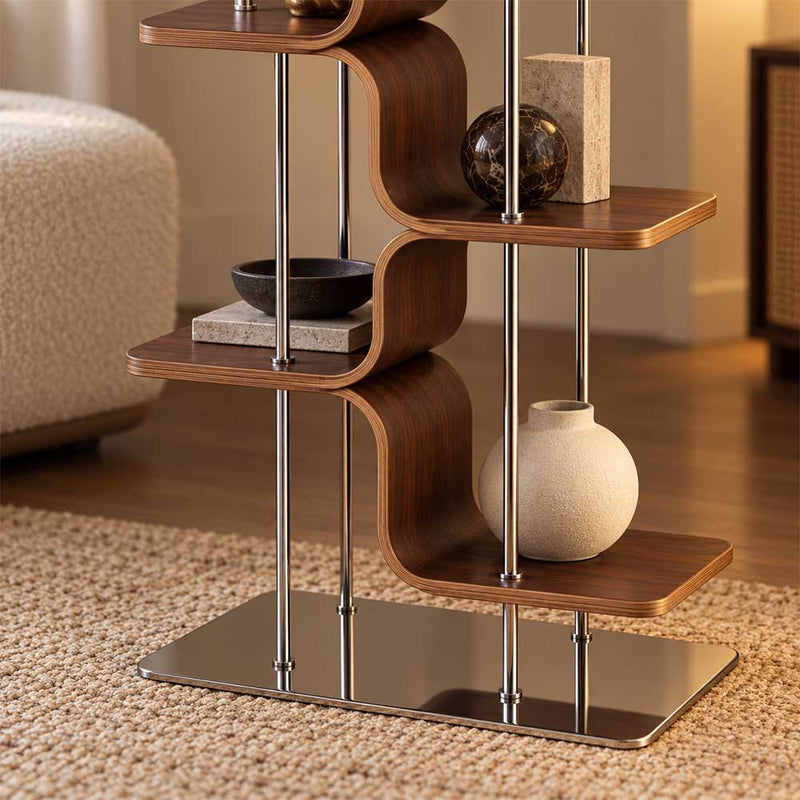 Modern Curved Plywood Corner Bookshelf Freestanding Display Rack