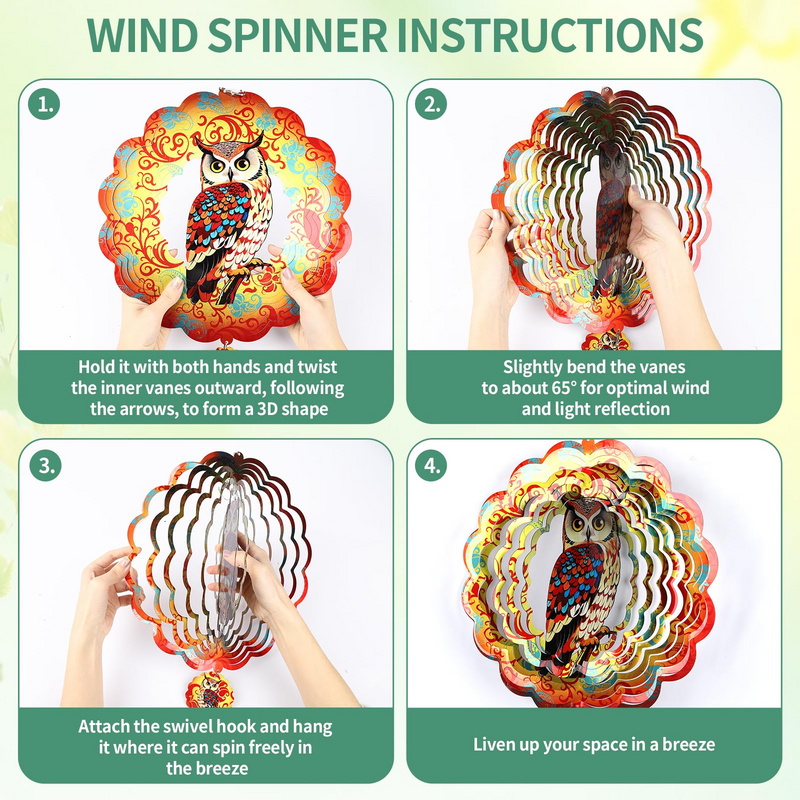 Wind Spinners Outdoor, IDEA SHOW 12In Stainless Steel Wind Spinners Outside, 3D Kinetic Hanging Sculpture, Rustproof Metal Garden Decor Ornaments for Yard Art, Women, Men, Holidays (Brown Owl)