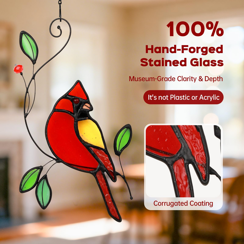 Cardinal Stained Glass Window Hanging, IDEA SHOW Red Cardinal on Branch Ornament Suncatcher, Real Glass Window Hanging Ornament, Handmade Bird Home Decor Memorial Gift for Women, Mom, Bird Lover