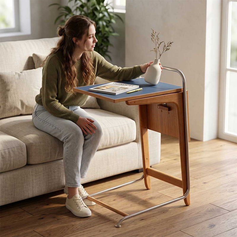 Modern Folding C-Shaped Side Table with Fenix Top & Solid Beech Wood