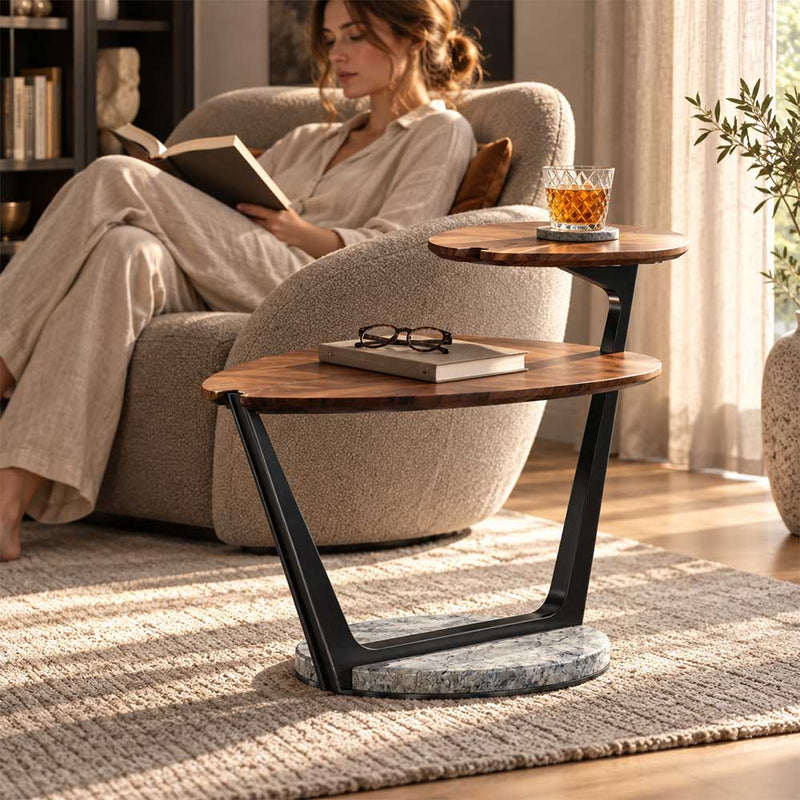 Modern Solid Walnut Leaf Tiered End Table with Marble Base