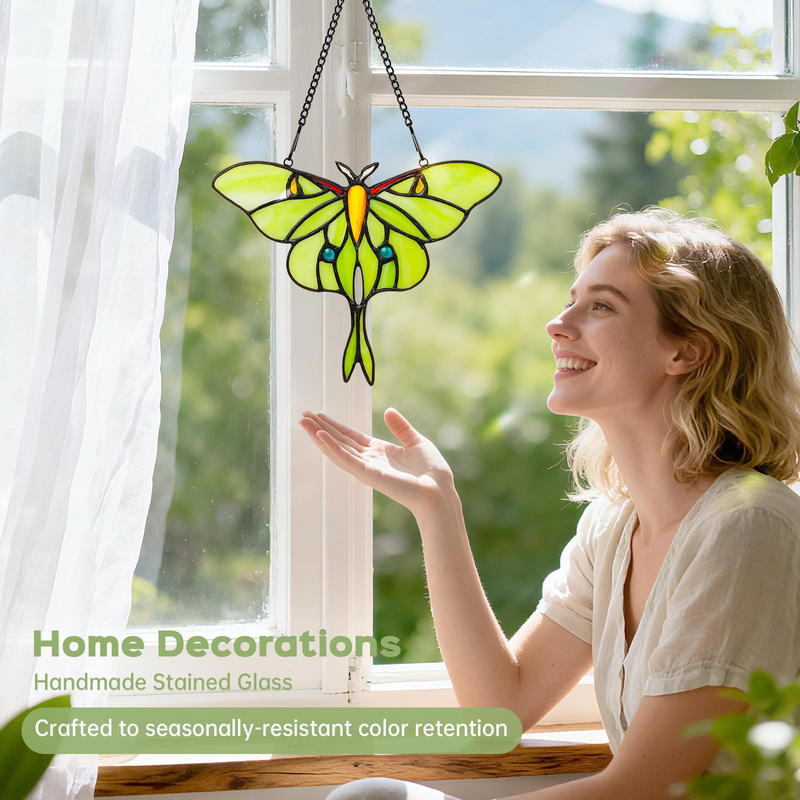 Luna Moth Sun Catcher Stained Glass Window Hanging - IDEA SHOW 7.3 Inch Handmade Real Glass Suncatcher Ornaments, Elegant Green Butterfly Memorial Gifts for Women, Mom, Grandma, Indoor Home Decor