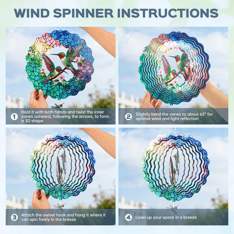 Wind Spinners Outdoor, IDEA SHOW 12In Stainless Steel Wind Spinners Outside, 3D Kinetic Hanging Sculpture, Rustproof Metal Garden Decor Ornaments for Yard Art, Women, Men, Holidays (Green Hummingbird)