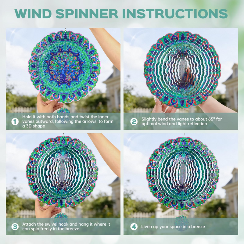 Wind Spinners Outdoor, IDEA SHOW 12In Stainless Steel Wind Spinners Outside, 3D Kinetic Hanging Sculpture, Rustproof Metal Garden Decor Ornaments for Yard Art, Women, Men, Holidays (Blue Peacock)