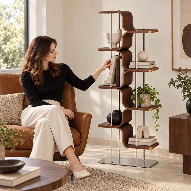 Modern Curved Plywood Corner Bookshelf Freestanding Display Rack