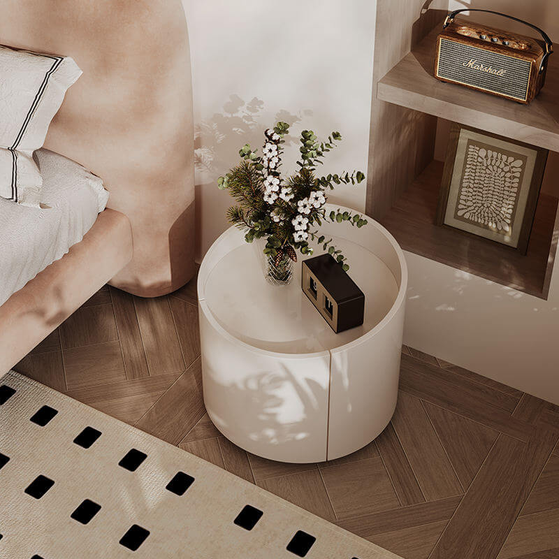 Cream White Curved Single Door Nightstand with Drawer