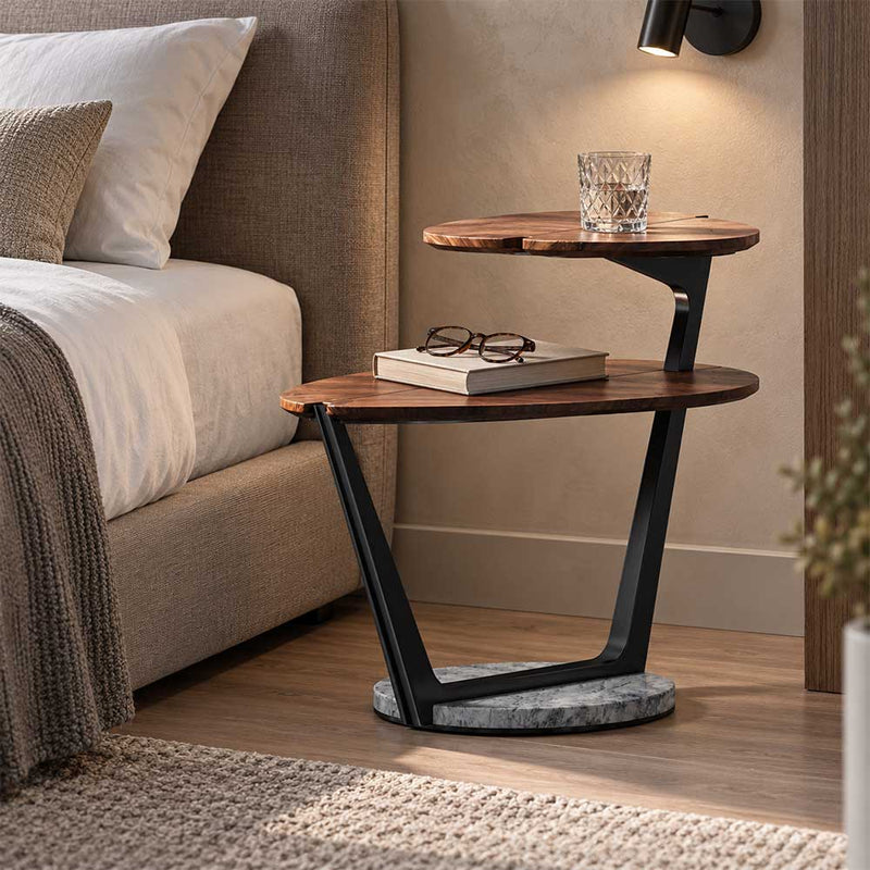 Modern Solid Walnut Leaf Tiered End Table with Marble Base