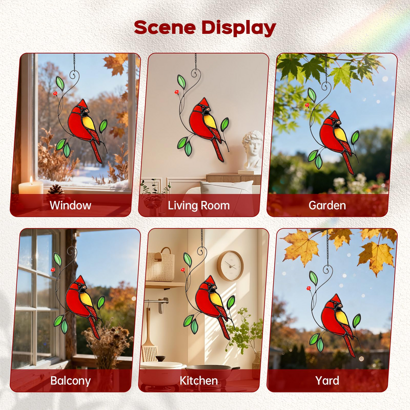 Cardinal Stained Glass Window Hanging, IDEA SHOW Red Cardinal on Branch Ornament Suncatcher, Real Glass Window Hanging Ornament, Handmade Bird Home Decor Memorial Gift for Women, Mom, Bird Lover