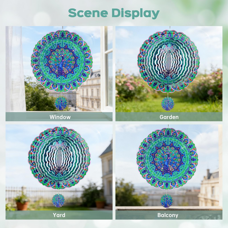 Wind Spinners Outdoor, IDEA SHOW 12In Stainless Steel Wind Spinners Outside, 3D Kinetic Hanging Sculpture, Rustproof Metal Garden Decor Ornaments for Yard Art, Women, Men, Holidays (Blue Peacock)