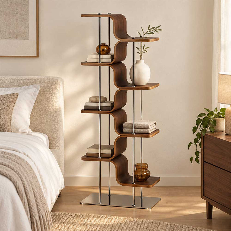 Modern Curved Plywood Corner Bookshelf Freestanding Display Rack
