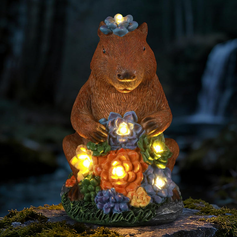 Solar Capybara Statue Outdoor Decor, Capybara Family Figurines with LED Light for Pond Patio Gardens Lawn, Housewarming for Women Mom Grandma