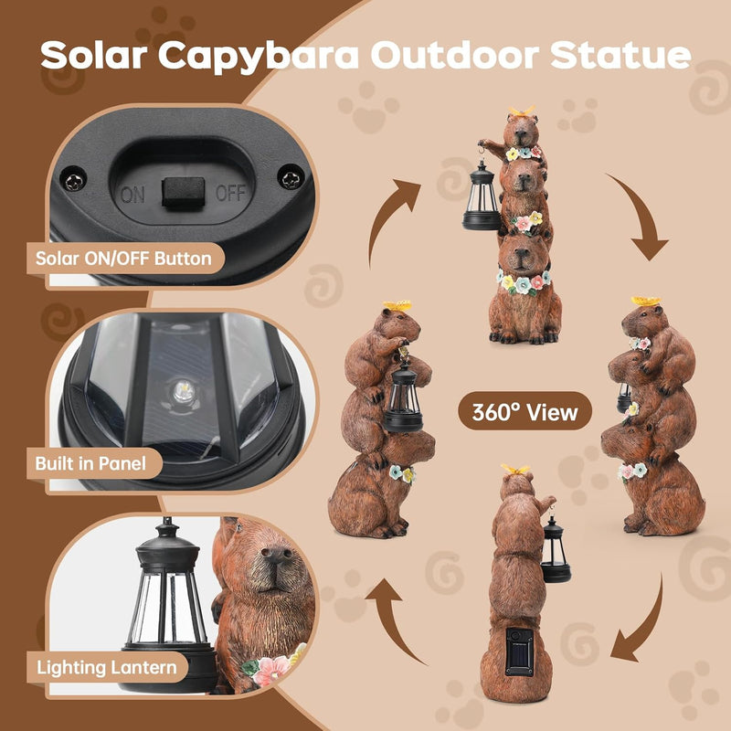 IDEA SHOW Capybara Solar Garden Statue, Outdoor Capybara Figurine with Flower Decoration & LED Light, Funny Triple Capybara Decor for Women Mom Yard Garden Patio Lawn Christmas Ornaments