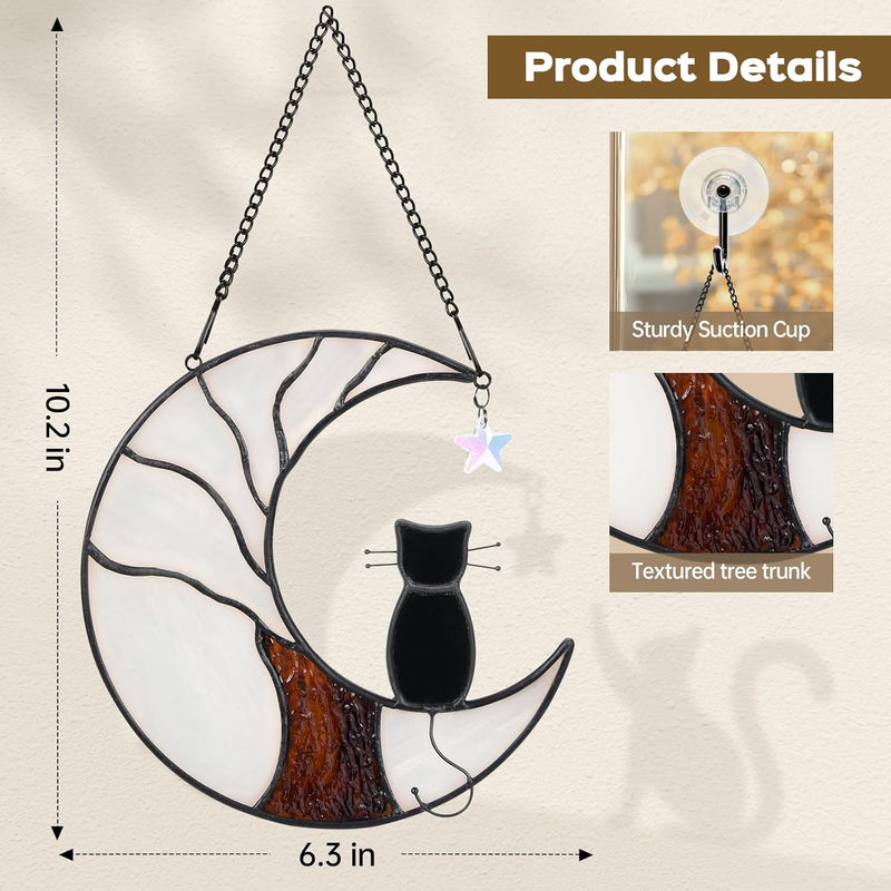 Ayadon Cat Memorial Suncatcher, Handmade Stained Glass Window Haninging Suncatcher, Pet Memorial Gift for Cat Loss, Sympathy Gift with Moon & Tree of Life for Pet Lovers