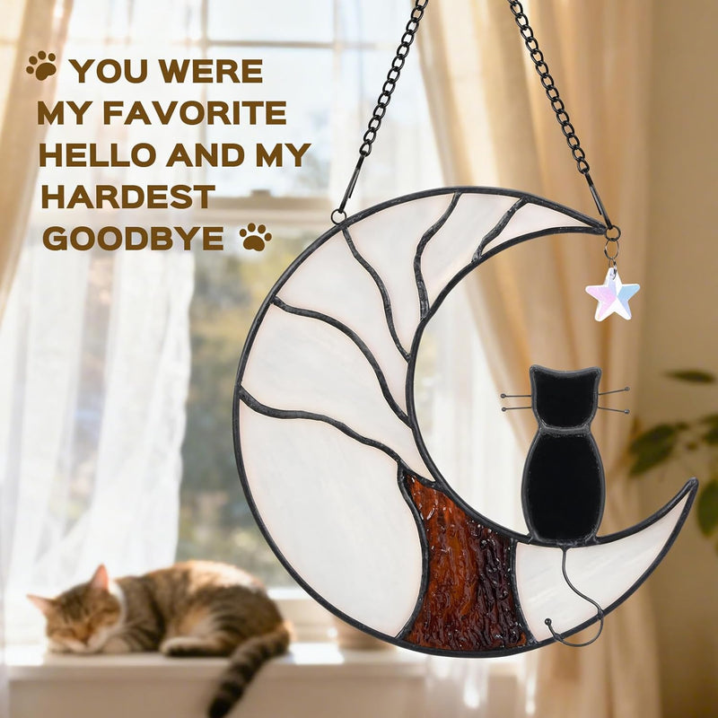 Ayadon Cat Memorial Suncatcher, Handmade Stained Glass Window Haninging Suncatcher, Pet Memorial Gift for Cat Loss, Sympathy Gift with Moon & Tree of Life for Pet Lovers