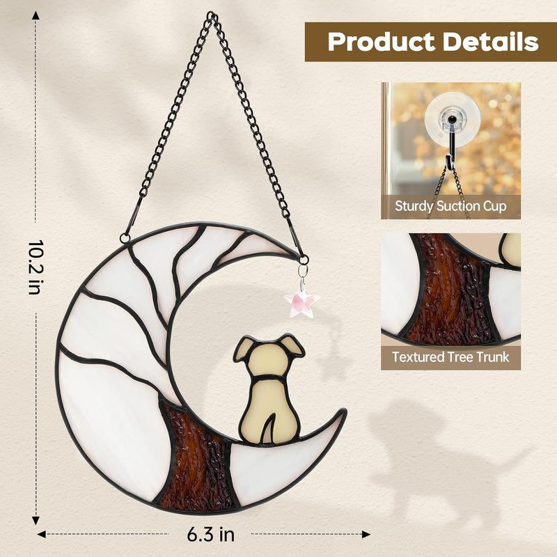 Ayadon Dog Memorial Suncatcher, Handmade Stained Glass Window Haninging Suncatcher, Pet Memorial Gift for Cat Loss, Sympathy Gift with Moon & Tree of Life for Pet Lovers