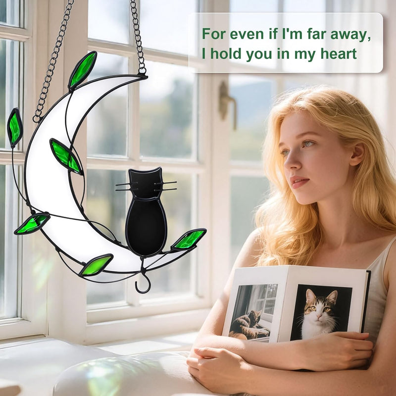 Stained Glass Window Hanging Suncatcher, IDEA SHOW Moon with Leaf Suncatcher, Real Glass Window Hanging Ornament, Handcrafted Home Decor Memorial Gift for Lover Cat Loss (Black Cat)