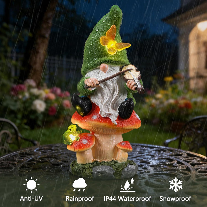 Solar Gnome on Mushroom Stool Statue Decor, Gnome Figurines with Ambiance LED Light for Garden Decorations for Patio Lawn Balcony Fairy Gardens, Housewarming Gifts for Women Mom Grandma