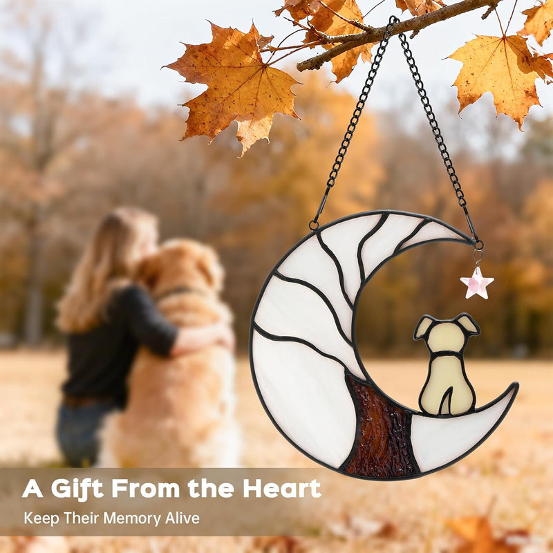 Ayadon Dog Memorial Suncatcher, Handmade Stained Glass Window Haninging Suncatcher, Pet Memorial Gift for Cat Loss, Sympathy Gift with Moon & Tree of Life for Pet Lovers