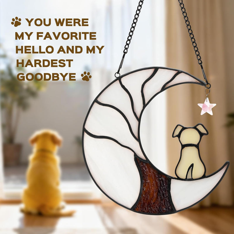 Ayadon Dog Memorial Suncatcher, Handmade Stained Glass Window Haninging Suncatcher, Pet Memorial Gift for Cat Loss, Sympathy Gift with Moon & Tree of Life for Pet Lovers
