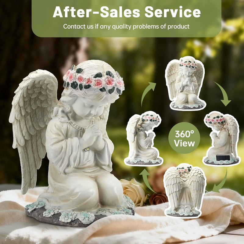 IDEA SHOW Solar Angel Prayer Statue, Memory Guardian Garden Decor with Warm Light - Religious Outdoor Decor, Auto On/Off LED Light, Memorial Gift for Cemetery, Patio & Gravesite