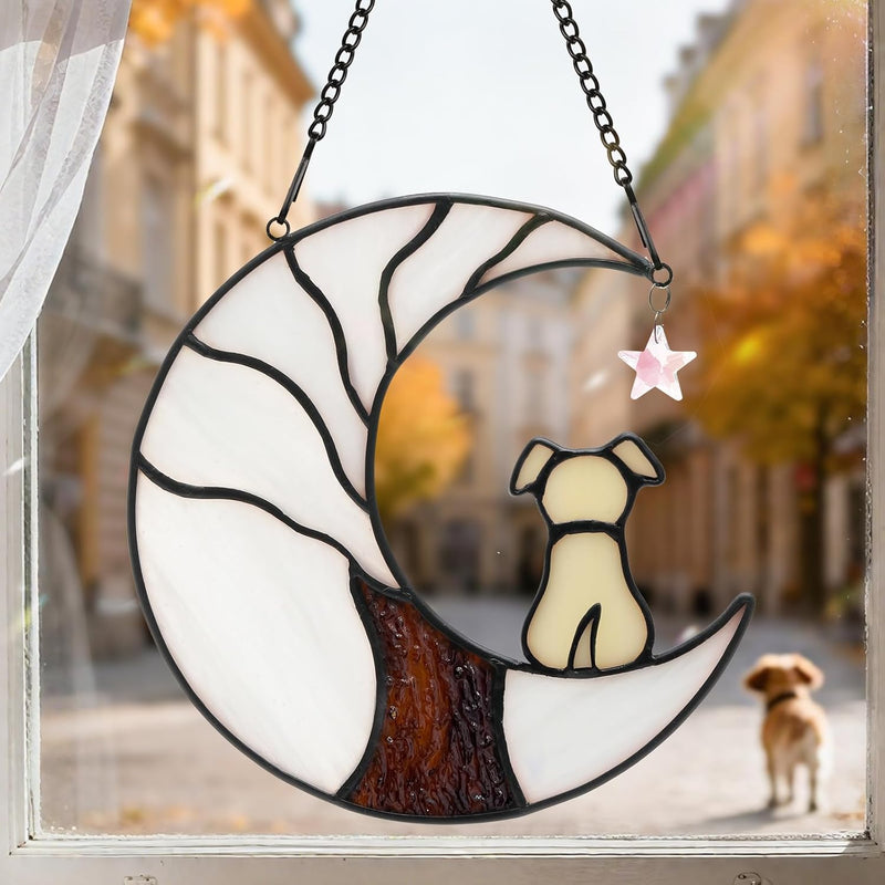 Ayadon Cat Memorial Suncatcher, Handmade Stained Glass Window Haninging Suncatcher, Pet Memorial Gift for Cat Loss, Sympathy Gift with Moon & Tree of Life for Pet Lovers