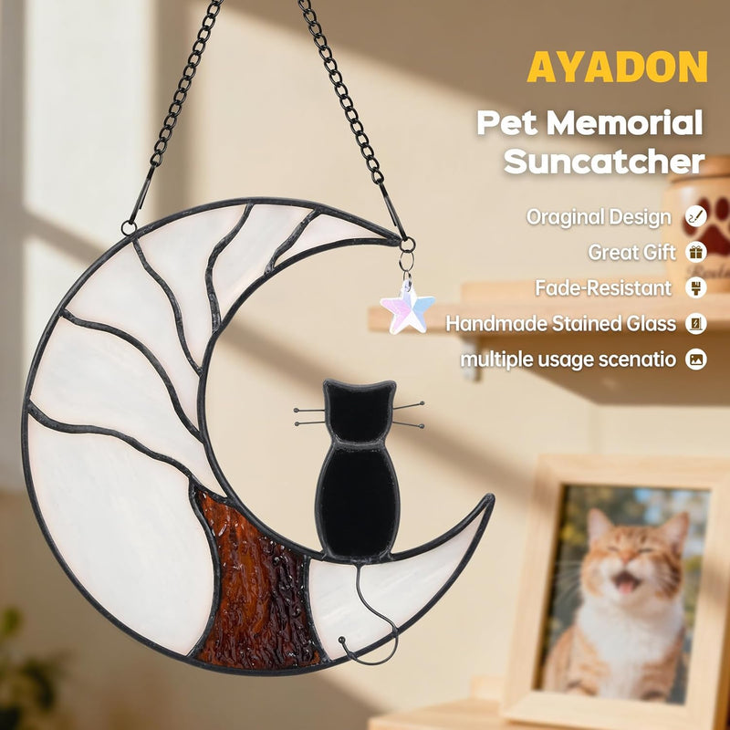 Ayadon Cat Memorial Suncatcher, Handmade Stained Glass Window Haninging Suncatcher, Pet Memorial Gift for Cat Loss, Sympathy Gift with Moon & Tree of Life for Pet Lovers