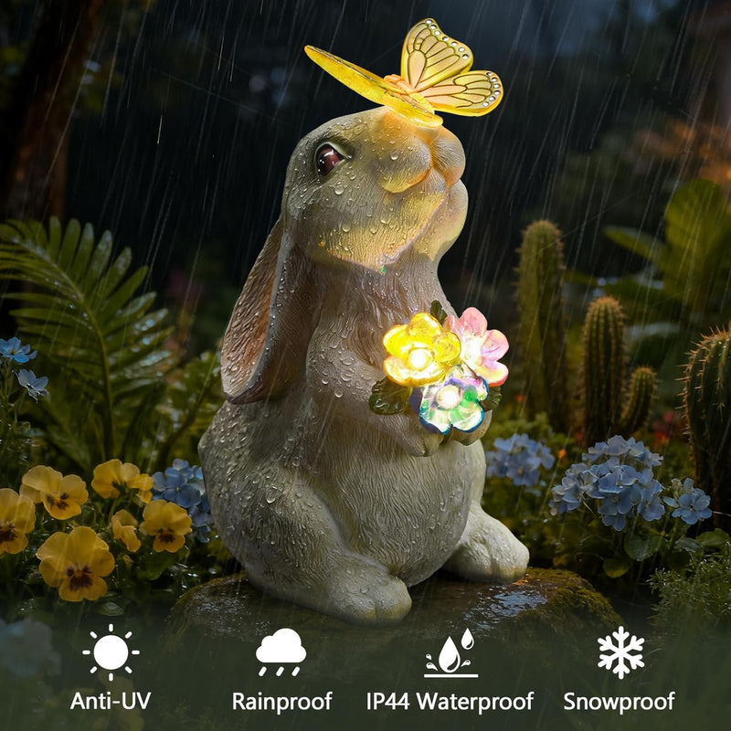 IDEA SHOW Solar Bunny Statues Light with Butterfly LED - Auto On/Off Weathproof Resin Garden Figurine Decor Gift for Pathway, Patio & Mom's Flower Bed (Warm Light)
