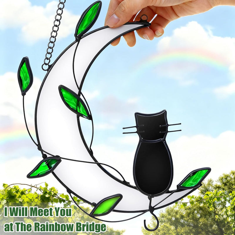 Stained Glass Window Hanging Suncatcher, IDEA SHOW Moon with Leaf Suncatcher, Real Glass Window Hanging Ornament, Handcrafted Home Decor Memorial Gift for Lover Cat Loss (Black Cat)