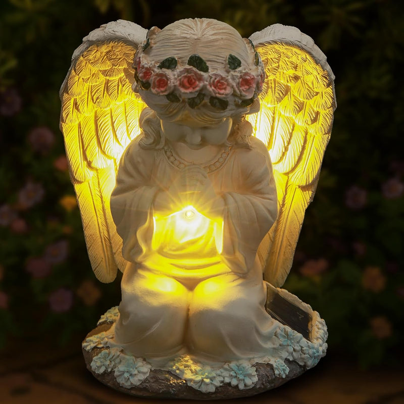 IDEA SHOW Solar Angel Prayer Statue, Memory Guardian Garden Decor with Warm Light - Religious Outdoor Decor, Auto On/Off LED Light, Memorial Gift for Cemetery, Patio & Gravesite