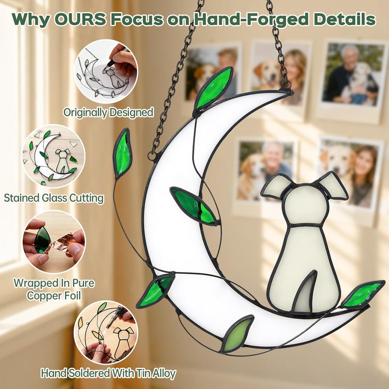 Stained Glass Window Hanging Suncatcher, IDEA SHOW Moon with Leaf Suncatcher, Real Glass Window Hanging Ornament, Handcrafted Home Decor Memorial Gift for Lover Dog Loss (White Dog)