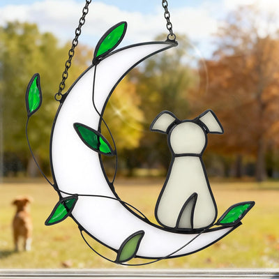 Stained Glass Window Hanging Suncatcher, IDEA SHOW Moon with Leaf Suncatcher, Real Glass Window Hanging Ornament, Handcrafted Home Decor Memorial Gift for Lover Dog Loss (White Dog)
