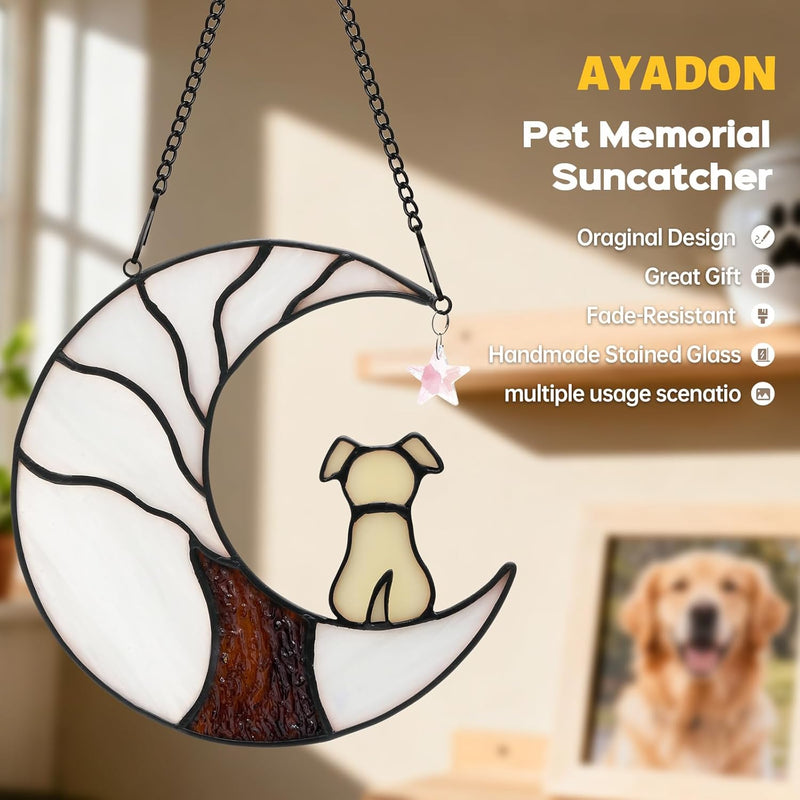 Ayadon Dog Memorial Suncatcher, Handmade Stained Glass Window Haninging Suncatcher, Pet Memorial Gift for Cat Loss, Sympathy Gift with Moon & Tree of Life for Pet Lovers