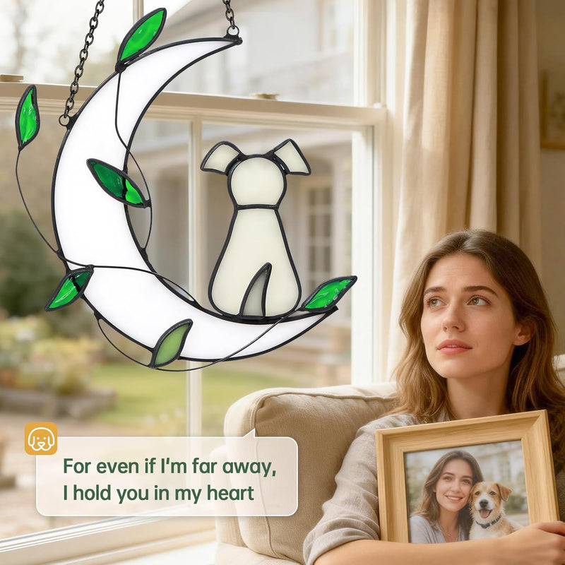Stained Glass Window Hanging Suncatcher, IDEA SHOW Moon with Leaf Suncatcher, Real Glass Window Hanging Ornament, Handcrafted Home Decor Memorial Gift for Lover Dog Loss (White Dog)
